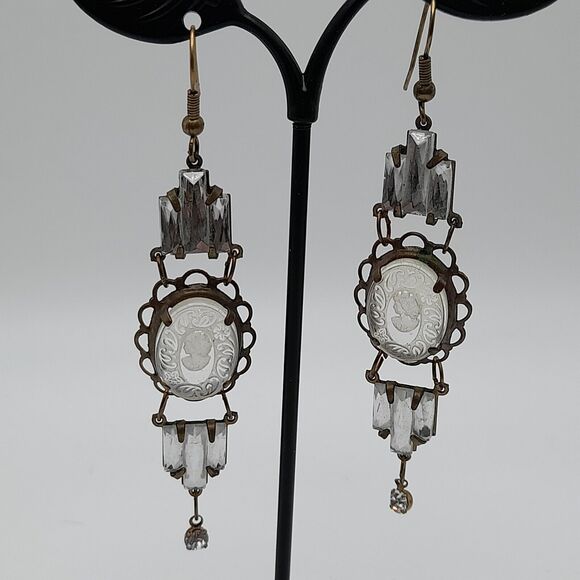 Art Deco Vauxhall Glass Reverse Carved Earrings , 3 1/2 In - Picture 7 of 12